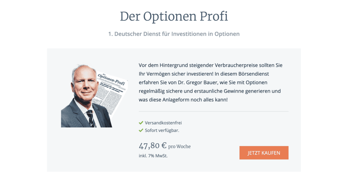 das Bild zeigt einen Screenshot des Dienstes von Gregor Bauer der Optionen Profi.