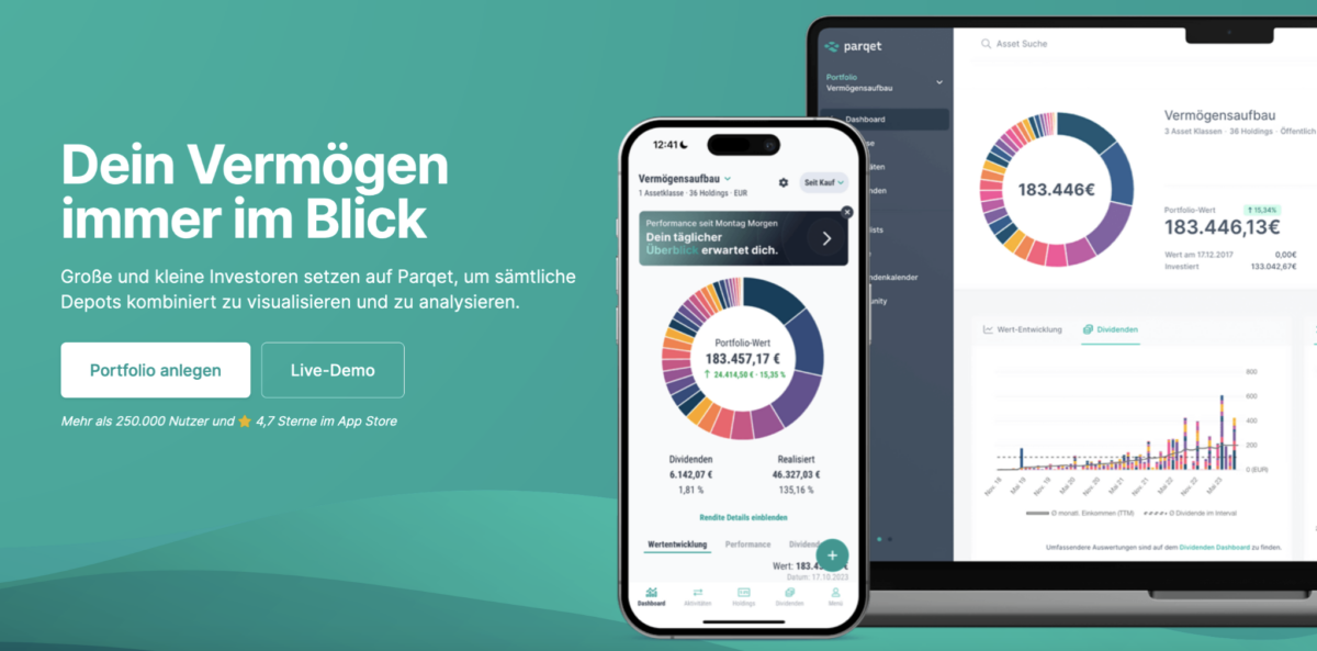 Getquin Review - so gut ist der Portfolio-Tracker wirklich (2026) Screenshot der Finanzverwaltungs-App Parqet als Alternative zu Getquin. Links befindet sich ein Textblock mit der Überschrift 'Dein Vermögen immer im Blick' und einer Beschreibung der App-Funktionen. Zwei Buttons 'Portfolio anlegen' und 'Live-Demo' sind darunter zu sehen. Rechts zeigt ein Smartphone-Bildschirm eine detaillierte Portfolio-Ansicht mit einem farbigen Kreisdiagramm und Finanzkennzahlen. Im Hintergrund ist ein Laptop-Bildschirm mit einer erweiterten Dashboard-Ansicht der Parqet-App sichtbar.