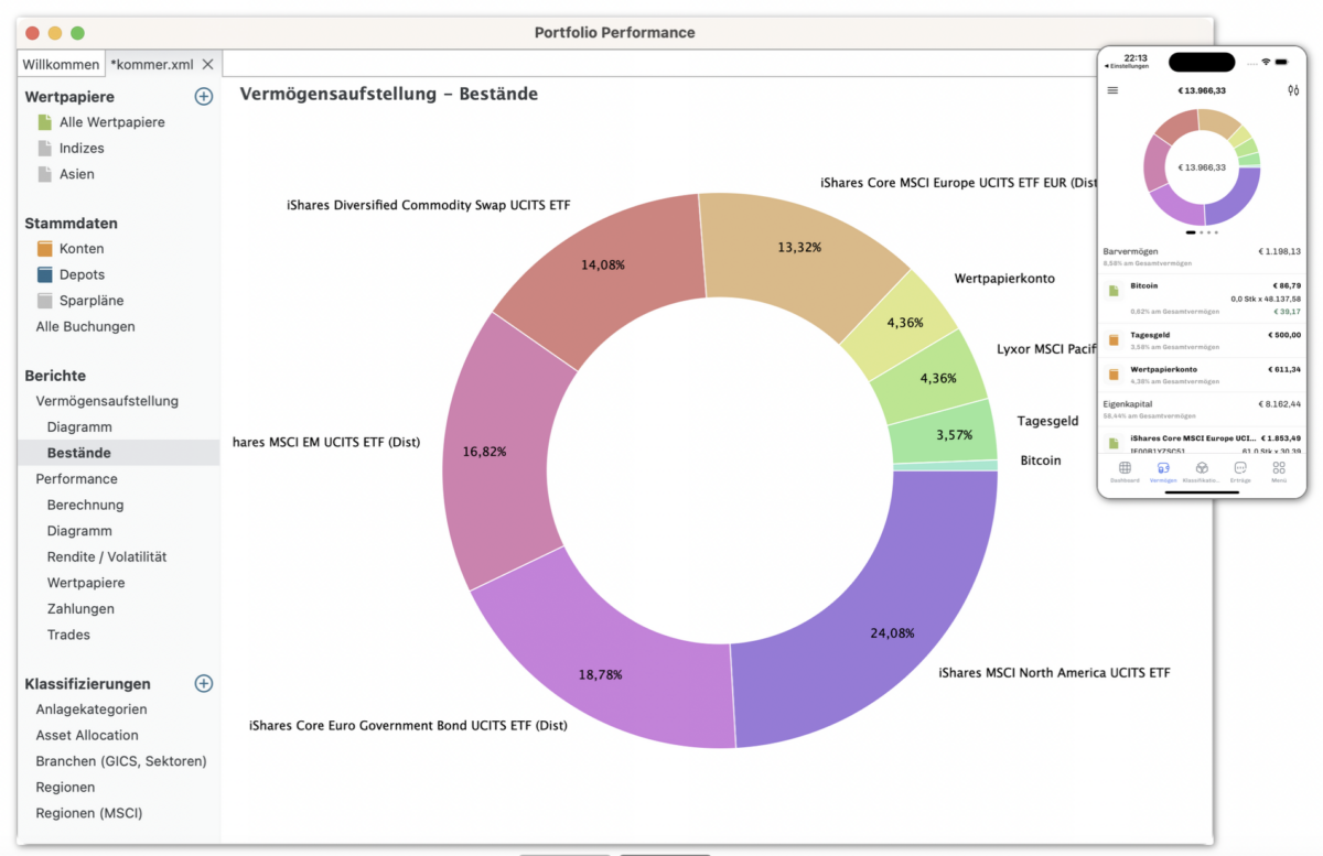 Portfolio Performance Erfahrungen - so gut ist der Portfolio-Tracker wirklich (2026) Screenshot der Portfolio Performance Software zeigt die aktuelle Vermögensaufstellunge - Bestände.