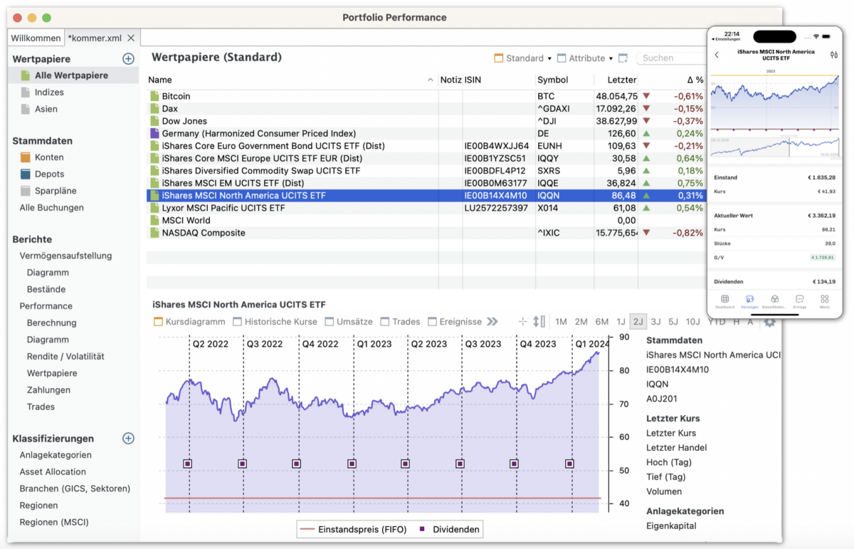Portfolio Performance Erfahrungen - so gut ist der Portfolio-Tracker wirklich (2026) Screenshot von Portfolio Performance Alle Wertpapiere im Überblick