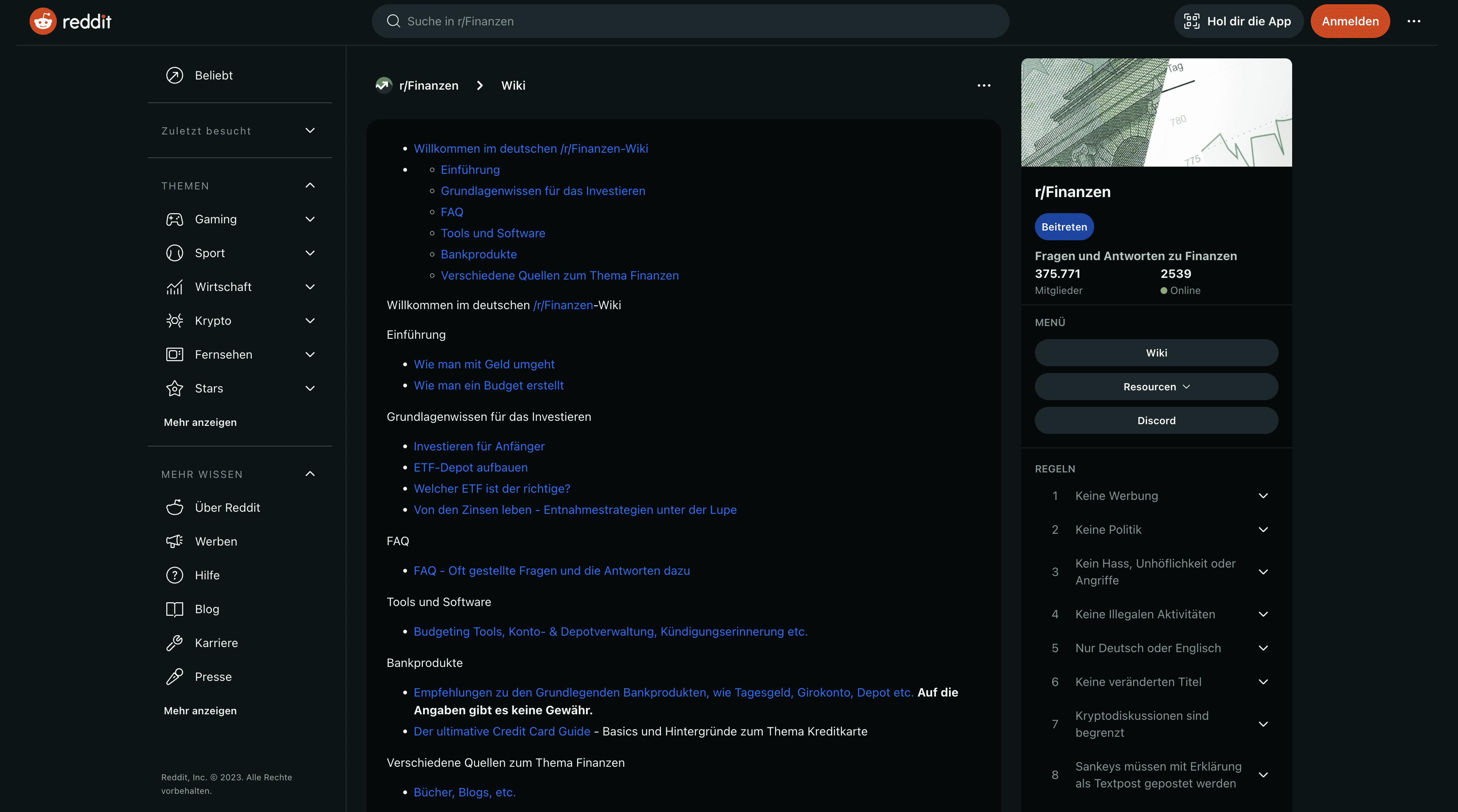 Das Bild zeigt einen Screenshot von dem r/Finanzen Subreddit auf Reddit.