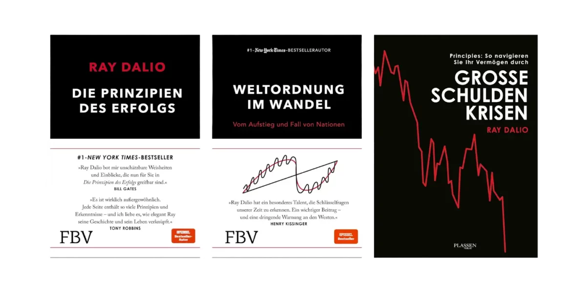 Meister der Märkte: Ray Dalios Weg zum Milliarden-Vermögen (2026) Das Bild zeigt die Cover von Ray Dalio's Büchern.