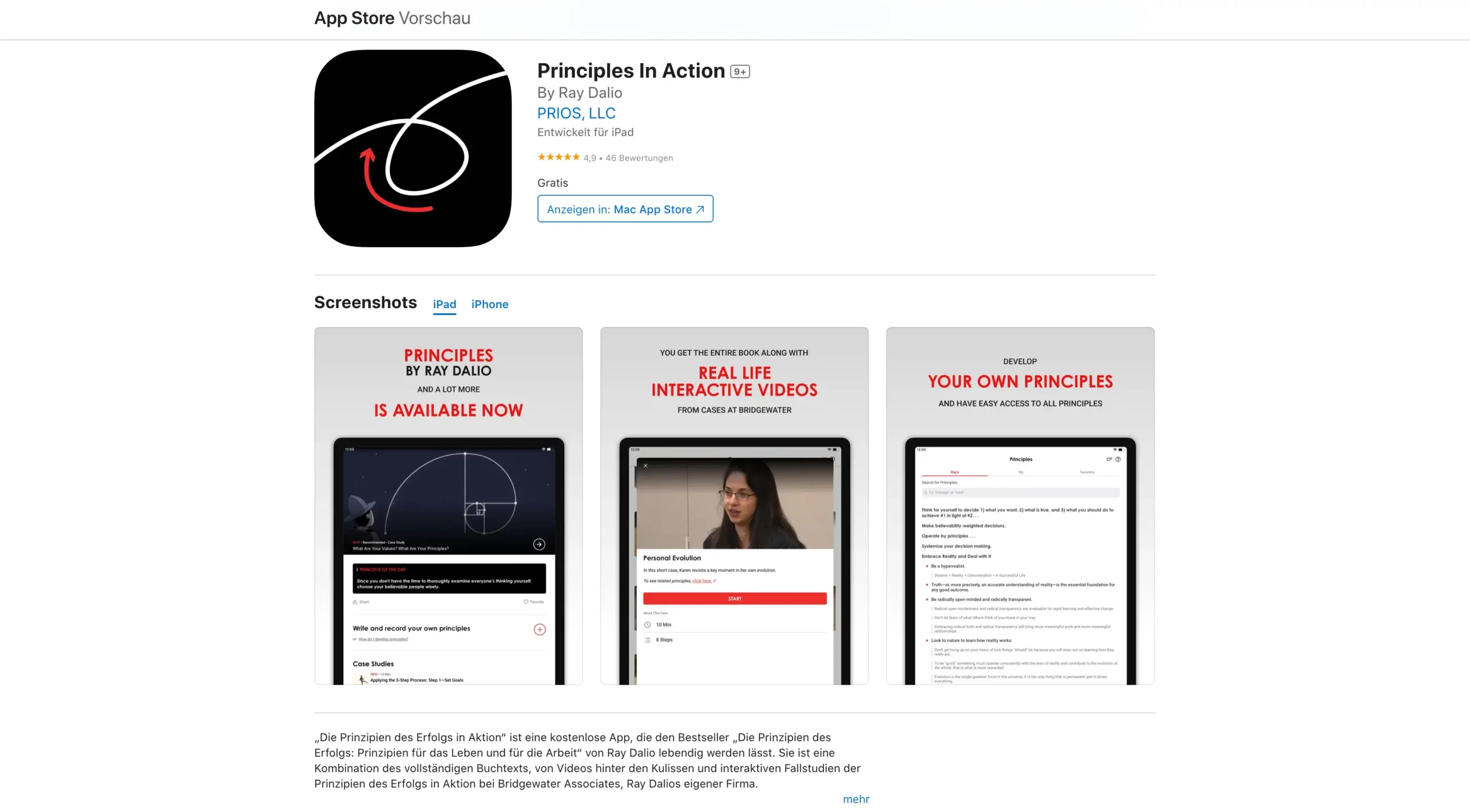 Meister der Märkte: Ray Dalios Weg zum Milliarden-Vermögen (2026) Das Bild zeigt die App "Principles in Action" von Ray Dalio im App Store.