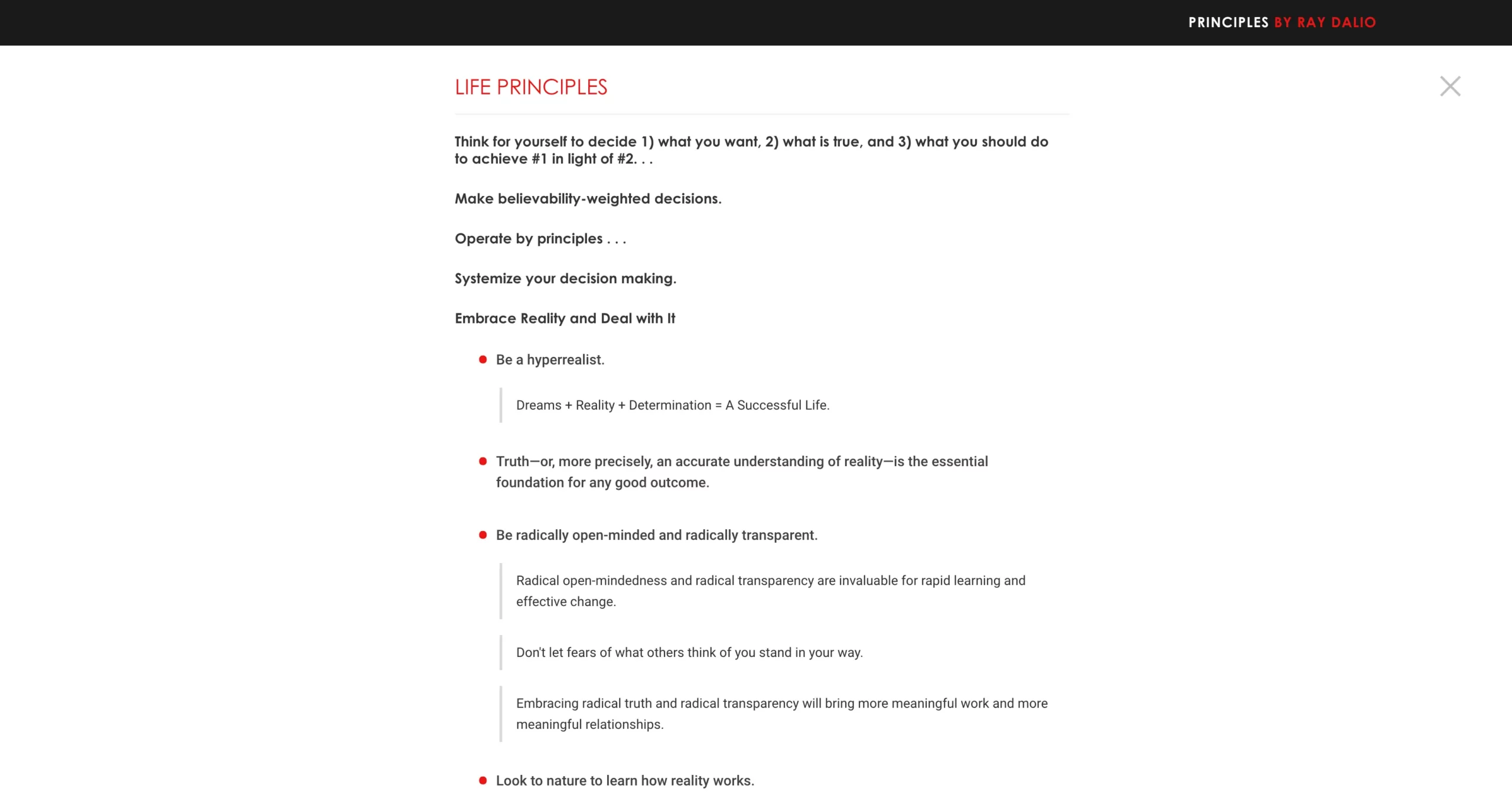 Meister der Märkte: Ray Dalios Weg zum Milliarden-Vermögen (2026) Das Bild zeigt ein paar der Life Principles von Ray Dalio von seiner Website. Die Beschreibung entält auch einen Link zur vollständigen Liste.