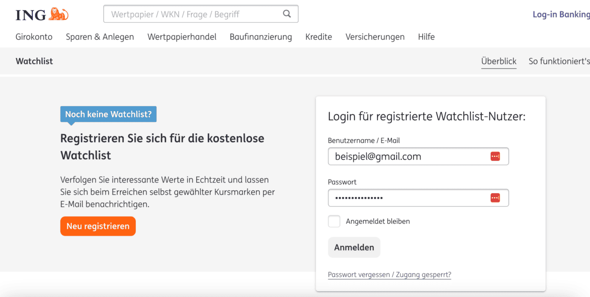 "ING-DiBa Watchlist Registrierungsseite, Stand 16.05.2023. Links befindet sich eine Aufforderung zur Registrierung für die kostenlose Watchlist mit einem orangefarbenen Button 'Neu registrieren'. Rechts ist das Login-Formular für registrierte Nutzer mit Feldern für Benutzername/E-Mail (Beispiel: 'beispiel@gmail.com') und Passwort. Darunter gibt es die Option 'Angemeldet bleiben' und den 'Anmelden'-Button. Ein Link für 'Passwort vergessen / Zugang gesperrt?' ist ebenfalls sichtbar.