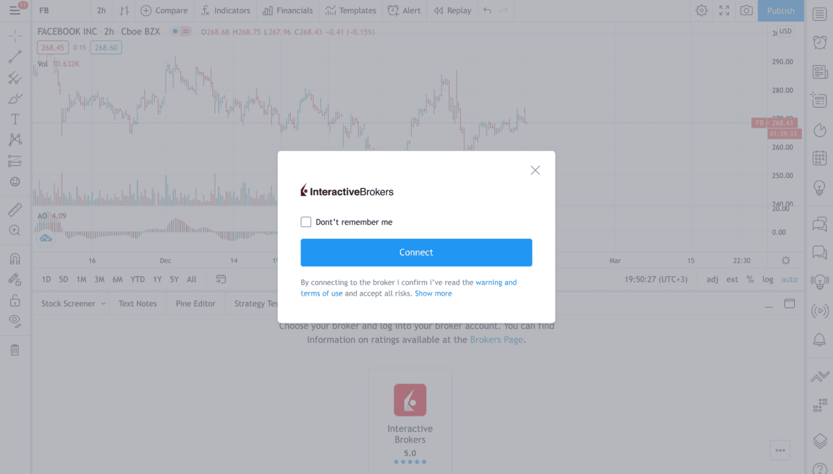 Interactive Brokers (IBKR)– der ultimative Guide zum größten Online-Broker der Welt (2026) Popup-Fenster zur Verbindung mit Interactive Brokers auf der TradingView-Plattform. Der Bildschirm zeigt einen Facebook (FB) Chart mit einer 2-Stunden-Darstellung im Hintergrund. Das Fenster enthält das Interactive Brokers-Logo, eine Checkbox für 'Don't remember me' und einen blauen 'Connect'-Button zur Verbindung mit dem Broker-Konto.