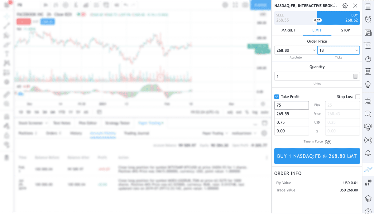 Interactive Brokers (IBKR)– der ultimative Guide zum größten Online-Broker der Welt (2026) TradingView-Oberfläche mit einer Facebook (FB) Aktien-Chartanalyse und einem geöffneten Order-Fenster für den Kauf von FB-Aktien über Interactive Brokers. Im Order-Fenster sind Limit-Preis, Take-Profit, Stop-Loss und Order-Infos sichtbar. Der blaue 'BUY 1 NASDAQ:FB @ 268.80 LMT'-Button ermöglicht den direkten Handel über TradingView