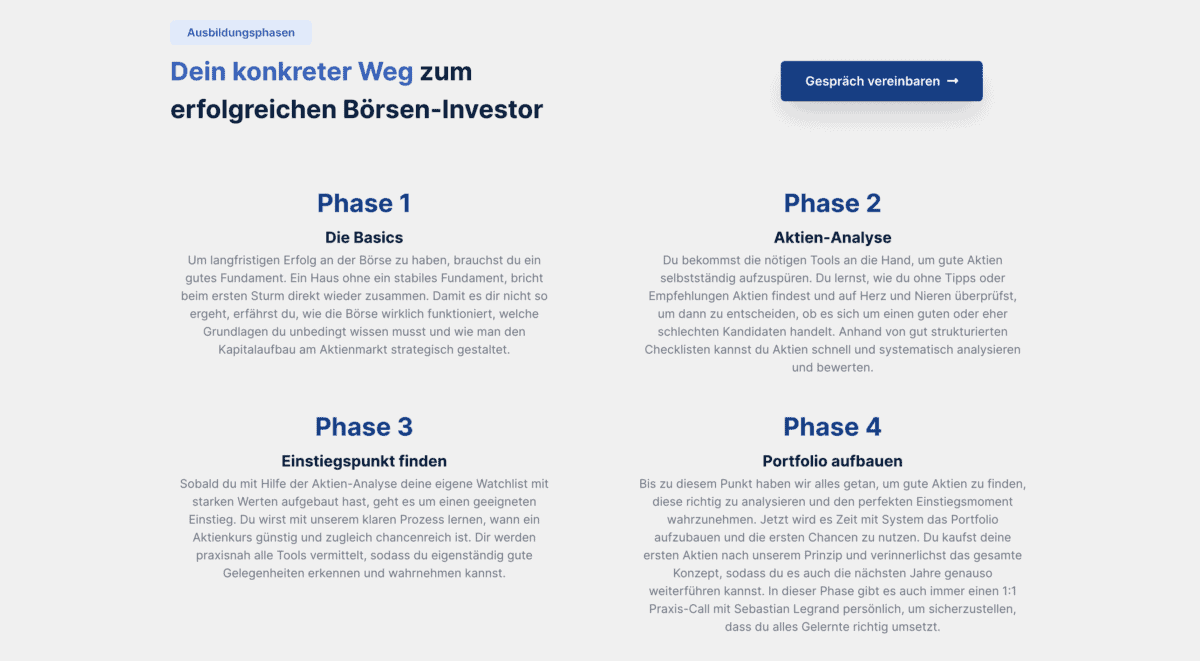 Screenshot der Ausbildungsphasen für Börsen-Investoren. Vier Phasen werden dargestellt: Phase 1 - Die Basics, Phase 2 - Aktien-Analyse, Phase 3 - Einstiegspunkt finden, Phase 4 - Portfolio aufbauen. Jede Phase enthält eine kurze Beschreibung der Lerninhalte. Oben befindet sich eine Schaltfläche mit der Aufschrift 'Gespräch vereinbaren'.