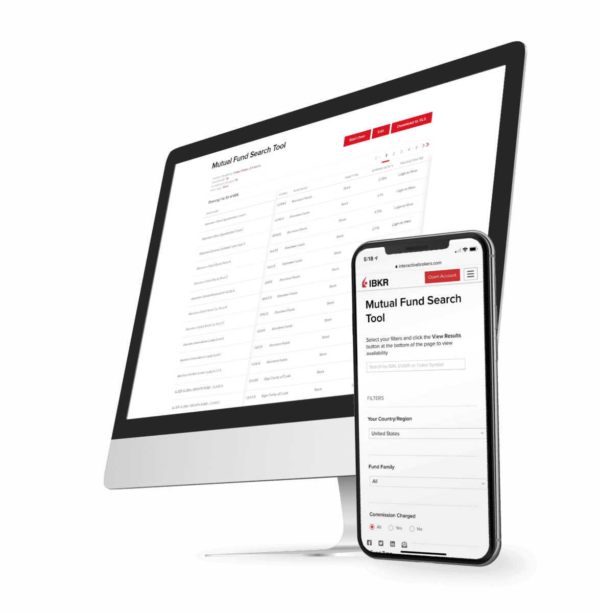 Interactive Brokers (IBKR)– der ultimative Guide zum größten Online-Broker der Welt (2026) Darstellung des Mutual Fund Search Tools von Interactive Brokers auf einem Desktop-Bildschirm und einem Smartphone. Das Tool ermöglicht die Suche nach Investmentfonds basierend auf verschiedenen Filtern wie Land, Fondsgesellschaft und Gebührenstruktur.