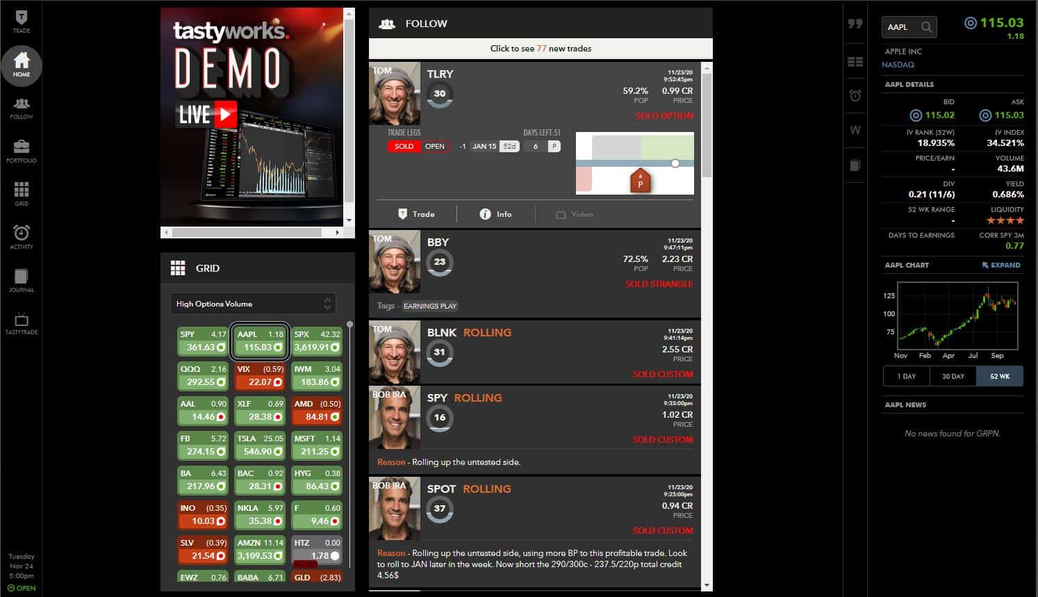 Tastytrade Erfahrungen - Optionen und Futures (2026) Screenshot der browserbasierten Handelsplattform von Tastyworks. Die Benutzeroberfläche zeigt eine Übersicht über aktuelle Trades, ein Optionsvolumen-Grid, Handelsaktivitäten und Marktdaten für AAPL, einschließlich eines Kurscharts.