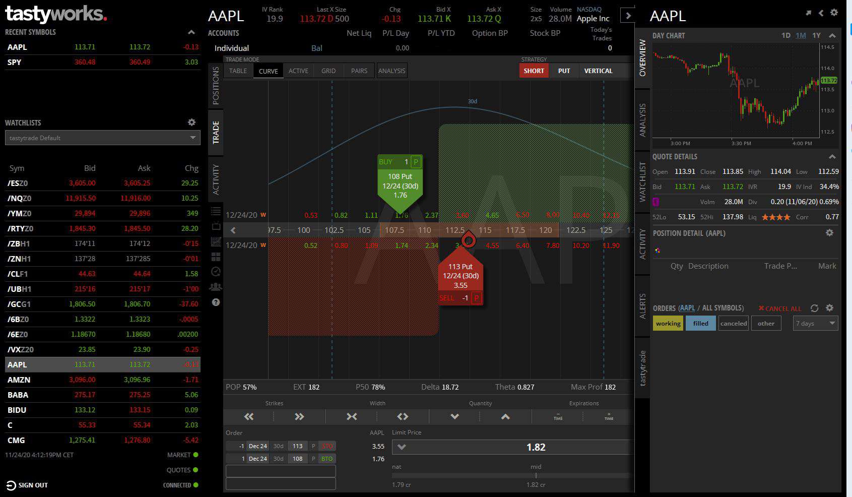 Tastytrade Erfahrungen - Optionen und Futures (2026) Screenshot der Tastyworks-Desktopanwendung mit einer Optionshandelsübersicht für AAPL. Zu sehen sind ein Options-Trade-Setup, eine Watchlist mit verschiedenen Symbolen, ein Tageschart sowie Orderdetails und Handelsstatistiken