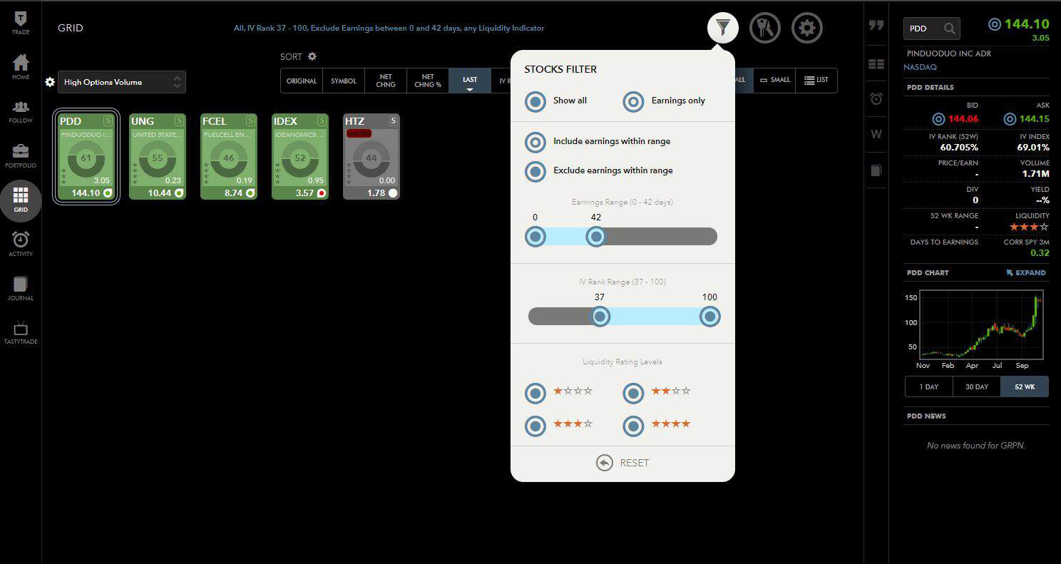 Tastytrade Erfahrungen - Optionen und Futures (2026) Alt-Text: Screenshot der Screening-Funktion "Grid" in der Tastytrade-Browsersoftware mit aktiven Filtereinstellungen. Der Filter zeigt eine Auswahl an Aktien mit hohem Optionsvolumen und ermöglicht das Einstellen von Earnings-Range, IV-Rank und Liquiditätsbewertung. Rechts ist eine Detailansicht einer ausgewählten Aktie mit Kursverlauf und weiteren Kennzahlen sichtbar.