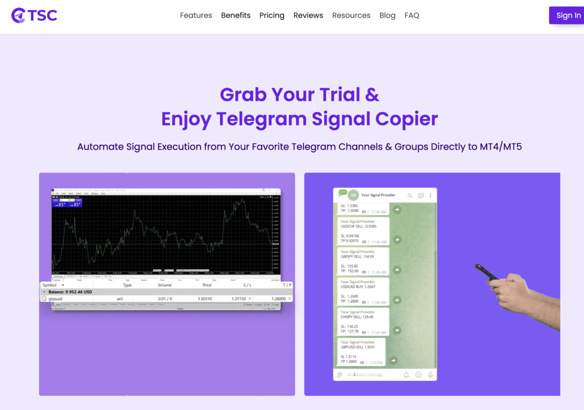 Nutzen Sie die Kraft von Trade Copiers: Handeln Sie auf TradingView durch MT4/5 und cTrader-Accounts Das Bild zeigt einen Screenshot von der Website von Telegram Signal Copier.