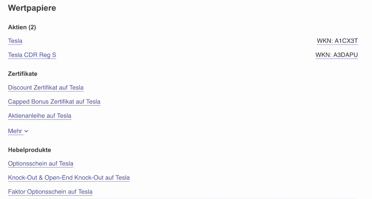 ING-DiBa Watchlist-Suche für Tesla, Stand 16.05.2023. Die Suchergebnisse listen zwei Aktien auf: Tesla (WKN: A1CX3T) und Tesla CDR Reg S (WKN: A3DAPU). Zusätzlich werden verschiedene Finanzprodukte angezeigt, darunter Zertifikate wie das Discount-Zertifikat auf Tesla, das Capped Bonus Zertifikat auf Tesla und eine Aktienanleihe auf Tesla. Im Bereich Hebelprodukte gibt es Optionen wie einen Optionsschein, Knock-Out & Open-End Knock-Out sowie einen Faktor-Optionsschein auf Tesla.