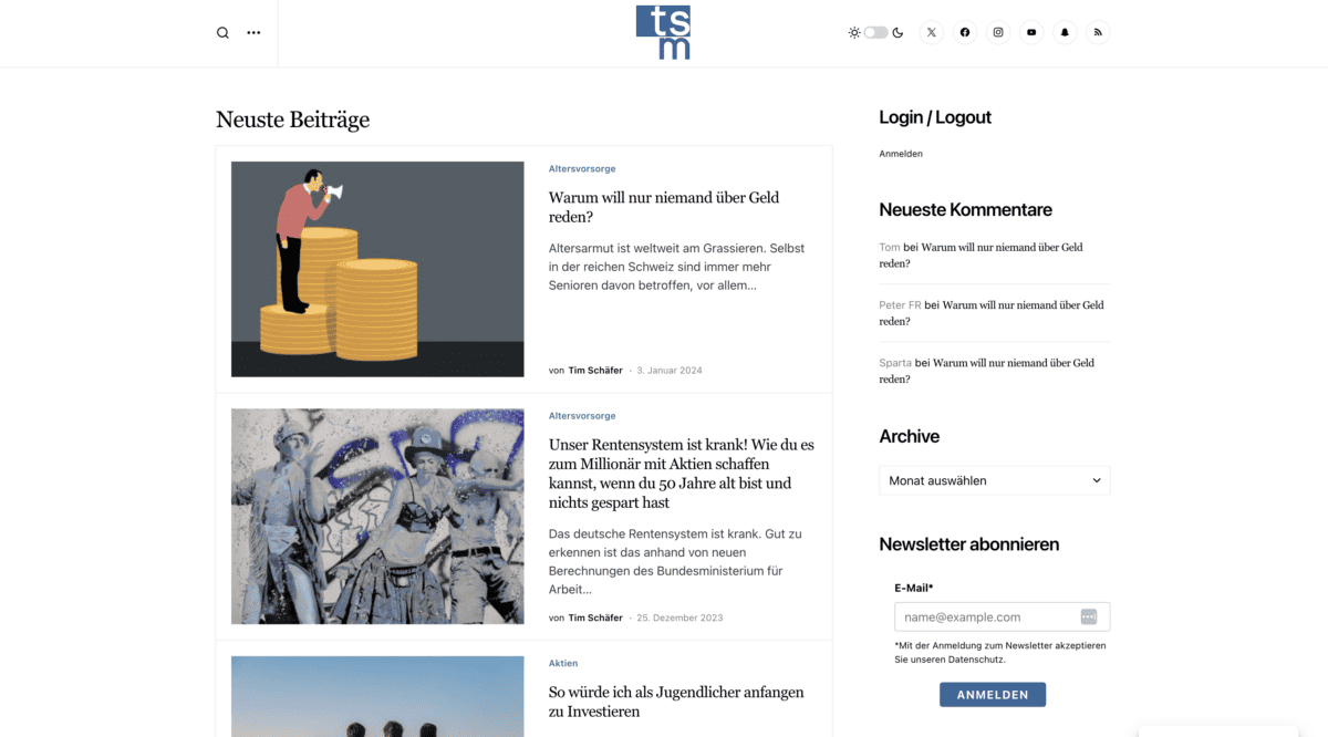 Tim Schäfer Media: Der Wegweiser zu finanzieller Freiheit und nachhaltigem Investieren (2026) Das Bild zeigt einen Screenshot vom Tim Schäfer Media-Blog mit diversen Beiträgen.