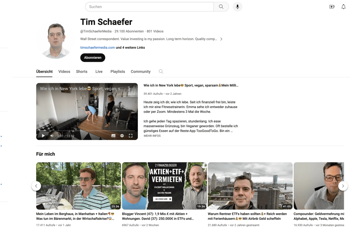 Tim Schäfer Media: Der Wegweiser zu finanzieller Freiheit und nachhaltigem Investieren (2026) Das Bild zeigt eine Übersicht von dem Youtube Kanal von Tim Schäfer mit einer Vielzahl an Videos.