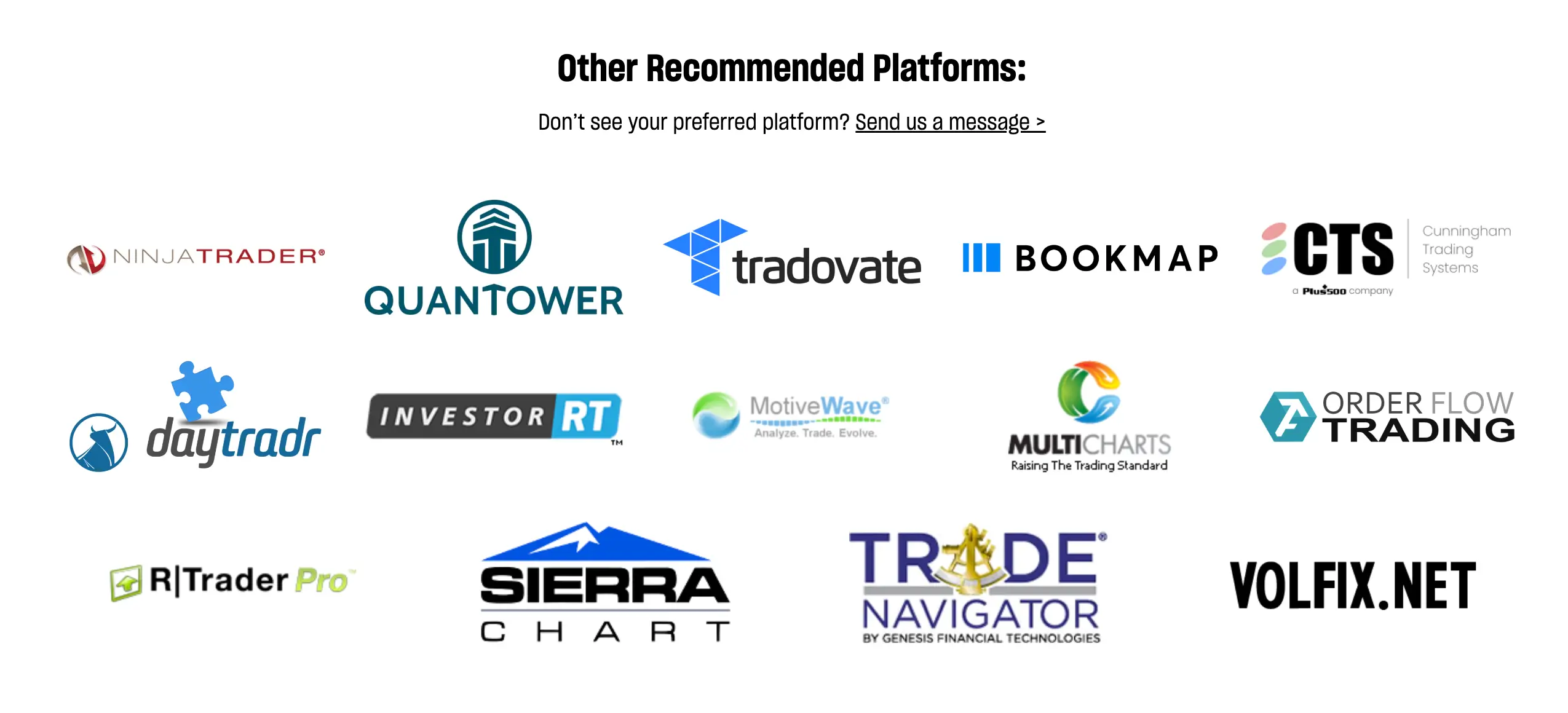 Topstep – Futures traden mit Fremdkapital (2026) Übersicht empfohlener Handelsplattformen von Topstep. Gezeigt werden die Logos von Plattformen wie NinjaTrader, Quantower, Tradovate, Bookmap, CTS, Daytradr, InvestorRT, MotiveWave, MultiCharts, Order Flow Trading, R|Trader Pro, Sierra Chart, Trade Navigator und VolFix.net. Hinweis auf Kontaktmöglichkeit, falls eine bevorzugte Plattform nicht aufgeführt ist.