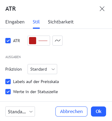 ATR - Den Average True Range Indikator im Trading nutzen (2026) Einstellungsmenü für den ATR (Average True Range) Indikator auf TradingView, Reiter 'Stil' geöffnet. Optionen zur Anpassung der Linienfarbe, -dicke und -darstellung sind sichtbar. Außerdem können Labels auf der Preisskala sowie Werte in der Statuszeile aktiviert werden. Zwei Buttons 'Abbrechen' und 'Ok' sind unten zu sehen. Die Bildunterschrift lautet: 'ATR Indikator – Stil Einstellungen bei Tradingview'.