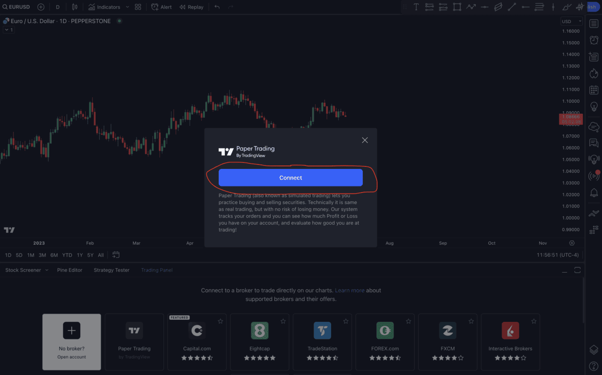 Paper Trading erklärt - so kann man risikolos traden lernen (2026) Das Bild zeigt einen Screenshot von Tradingview.
