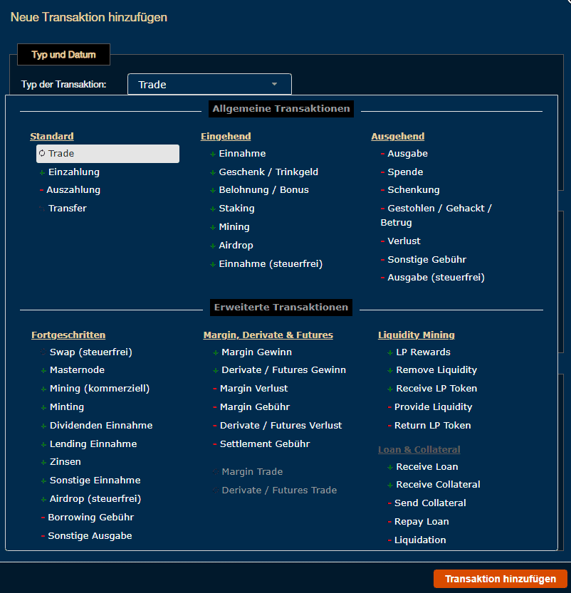 Screenshot der Benutzeroberfläche von CoinTracking zur Erfassung einer neuen Transaktion. Die Auswahlmöglichkeiten für verschiedene Transaktionstypen sind in einer strukturierten Tabelle dargestellt, darunter Standard-, allgemeine, fortgeschrittene und erweiterte Transaktionen. Kategorien wie Einzahlung, Auszahlung, Staking, Mining, Margin Trading und Liquidity Mining sind ersichtlich. Am unteren Rand befindet sich eine Schaltfläche mit der Aufschrift 'Transaktion hinzufügen'.