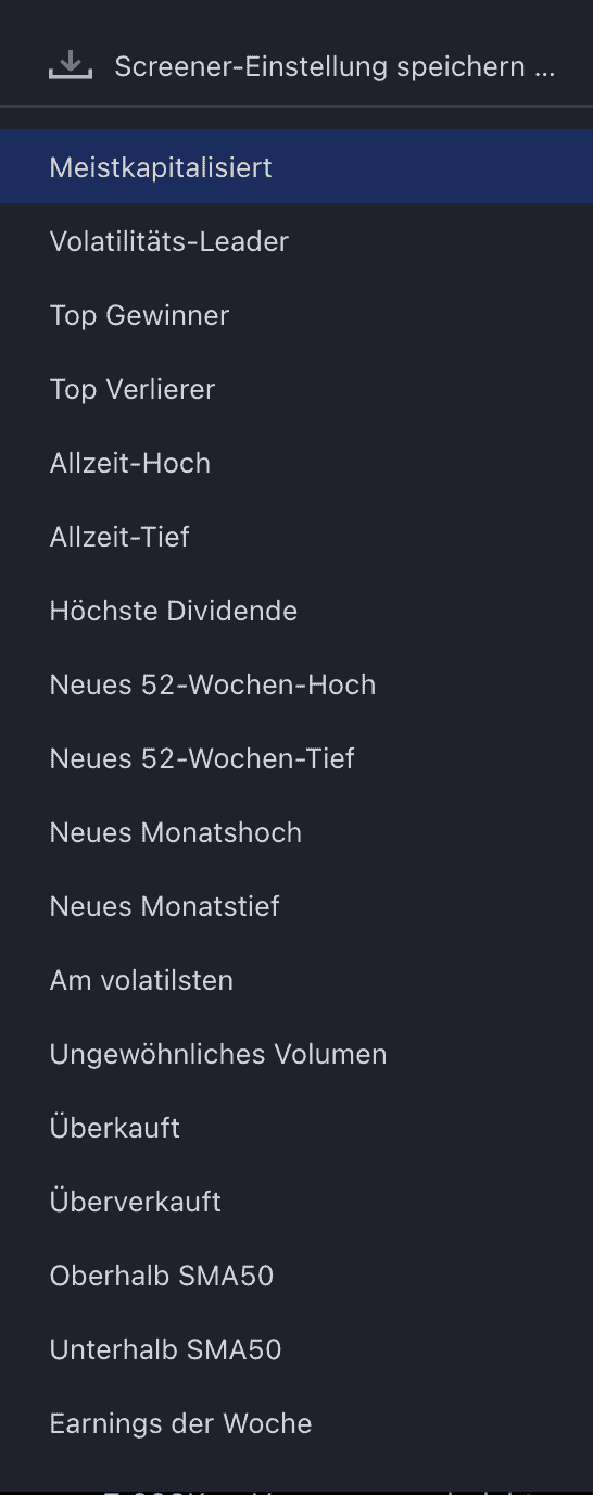 Das Bild zeigt die vorgefertigten Filteroptionen an.