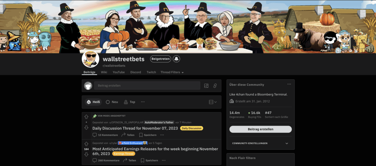 Screenshot vom Wallstreetbets Subreddit.