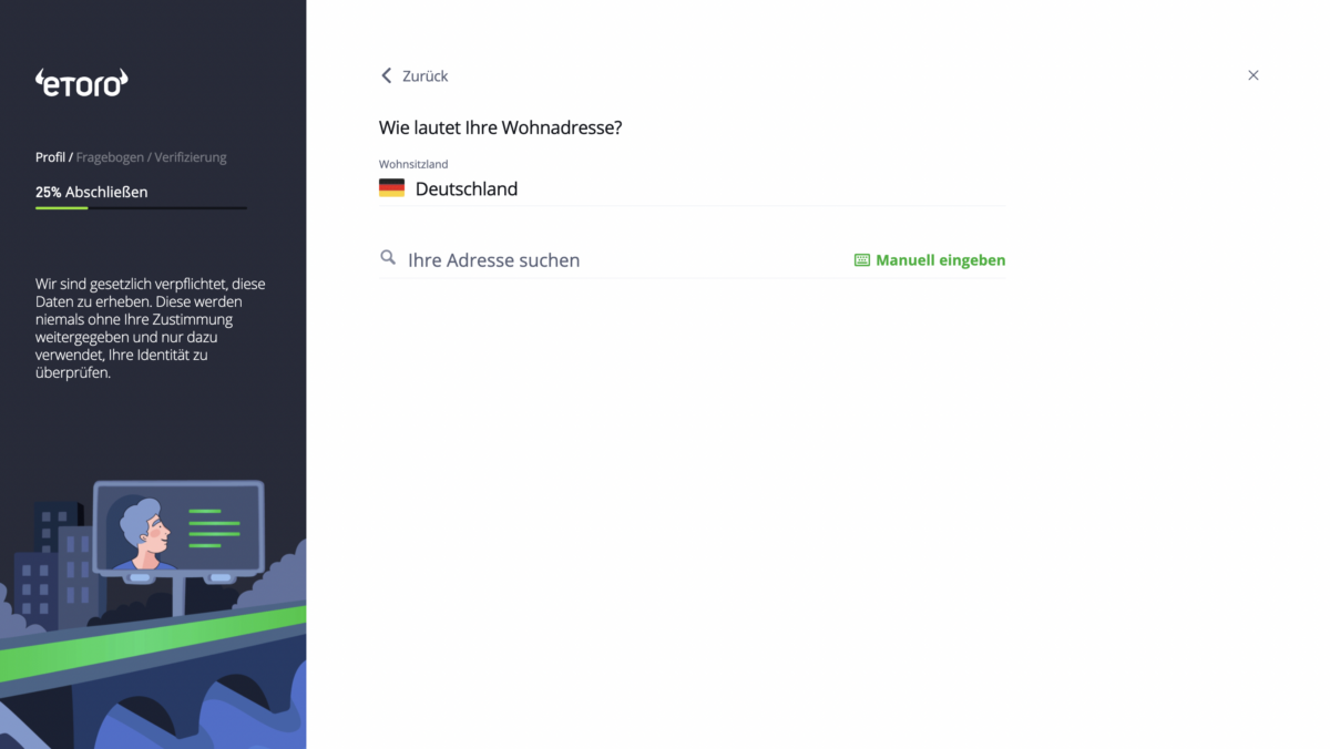 Trading Demokonto kostenlos und ohne Anmeldung (2026) eToro-Formular zur Eingabe der Wohnadresse für die Kontoerstellung. Das Formular zeigt das Wohnsitzland 'Deutschland' mit einer Suchleiste zur Eingabe der Adresse oder der Option 'Manuell eingeben'. Links befindet sich eine Illustration mit einer Brücke und einem Bildschirm, der ein Gesicht zeigt. Ein Fortschrittsbalken zeigt, dass die Verifizierung zu 25 % abgeschlossen ist.
