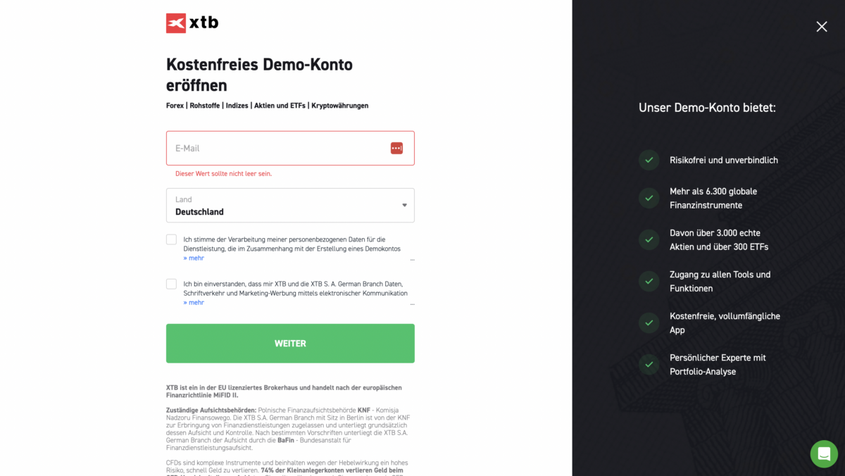 Trading Demokonto kostenlos und ohne Anmeldung (2026) dasBild zeigt den Anmeldungsprozess von xtb für das kostenlose demokonto